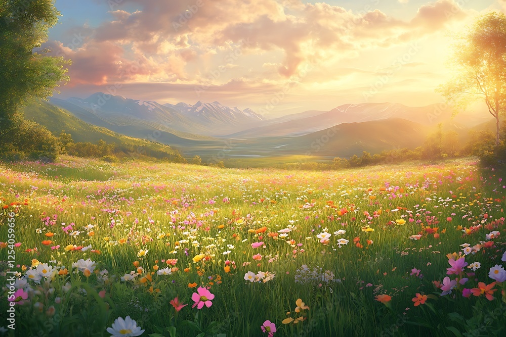 Open field with colorful wildflowers under Spring Equinox sunlight Open field with colorful wildflowers under Spring Equinox sunlight
