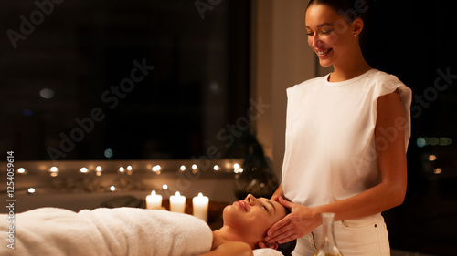 Quadro em tela Happy professional masseuse performing with hands facial massage to young woman client in wellness spa center