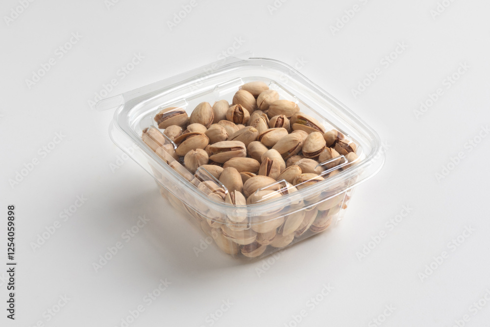 Nuts in a transparent plastic box isolated on white background, close up, food photography, mock up. Pile of toasted pistachios in plastic packaging. Nuts in a transparent plastic box isolated on white background, close up, food photography, mock up. Pile of toasted pistachios in plastic packaging.