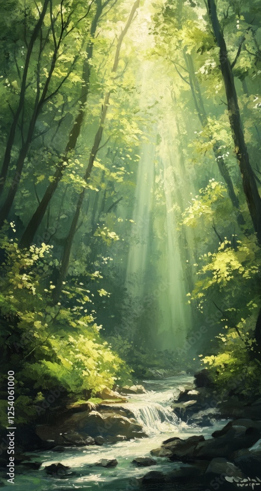 Obraz premium Sunlit forest stream, dappled light, nature, peaceful scene, illustration, background, fantasy, game design