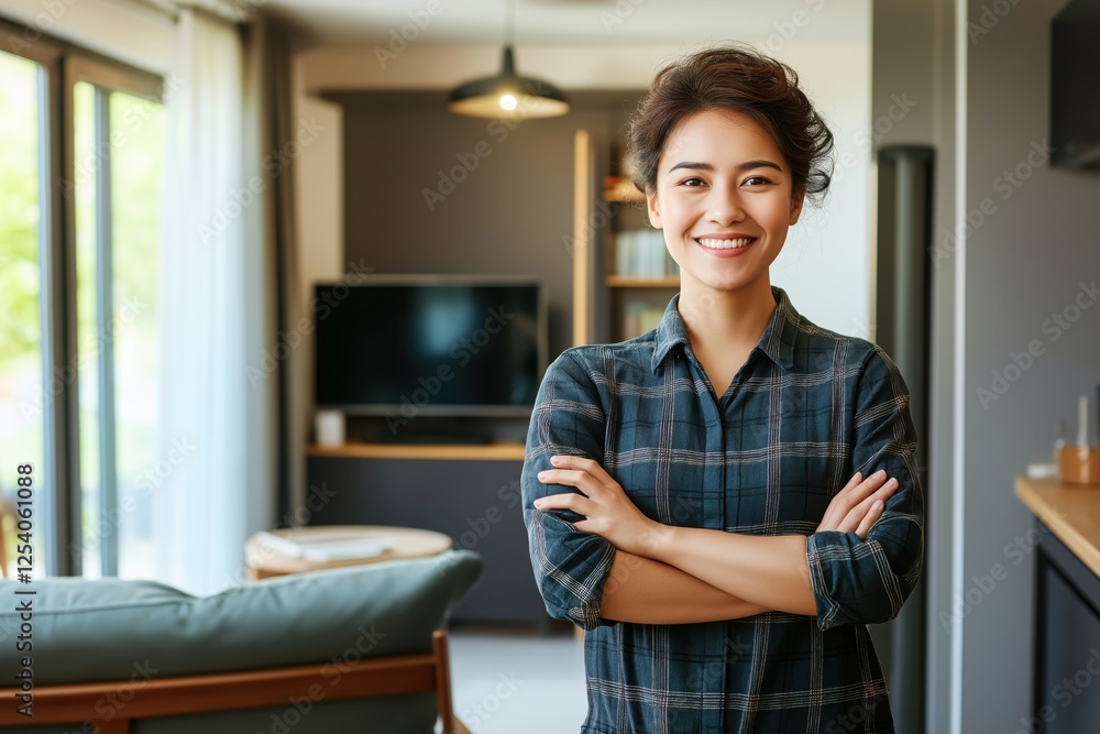 Cheerful young Chinese woman smiling at camera in cozy living room with stylish decor and natural light during daytime Cheerful young Chinese woman smiling at camera in cozy living room with stylish decor and natural light during daytime
