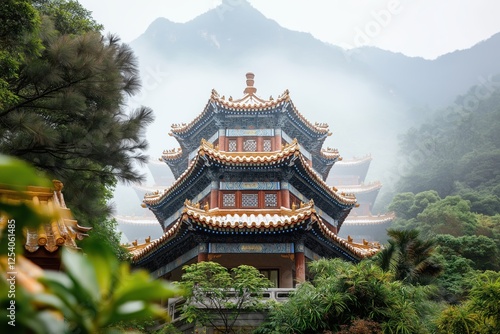Wallpaper Mural A stunning pagoda stands gracefully in the foreground, surrounded by lush greenery and enveloped in mist. Majestic mountains rise in the background Torontodigital.ca