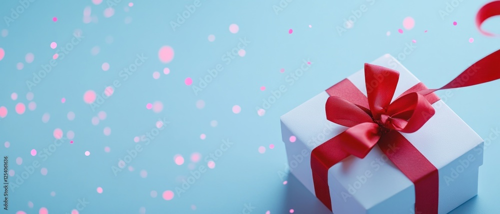 Gift box, red ribbon, blue background, bokeh Gift box, red ribbon, blue background, bokeh