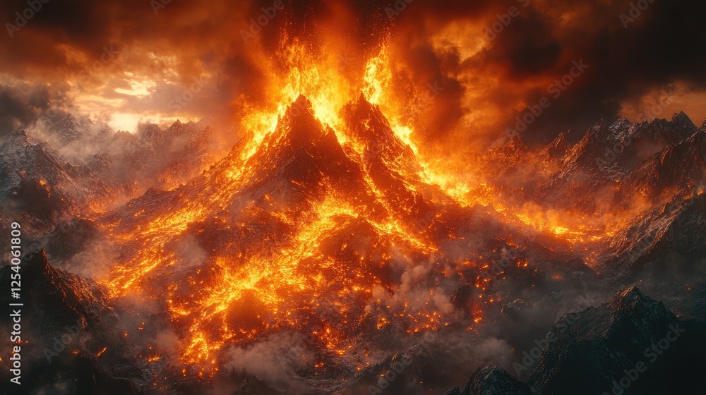 Erupting volcano with lava flows under a dramatic sky. Erupting volcano with lava flows under a dramatic sky.