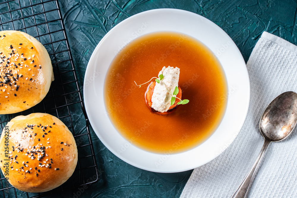 Soup or consomme, thick meat broth with carrots, chicken dumplings and microgreens, served in a white plate on a dark green background with sesame seed buns, napkin and spoon. View from above Soup or consomme, thick meat broth with carrots, chicken dumplings and microgreens, served in a white plate on a dark green background with sesame seed buns, napkin and spoon. View from above