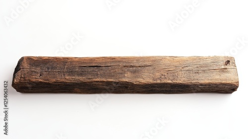 Solitary wooden beam against a white backdrop. Timber plank.