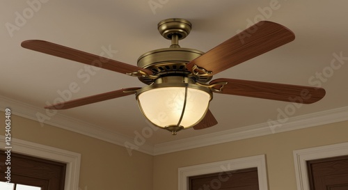 Antique Brass Ceiling Fan with Light Kit - Elegant antique brass ceiling fan with five blades and a frosted glass light fixture.  Combines functionality, style photo