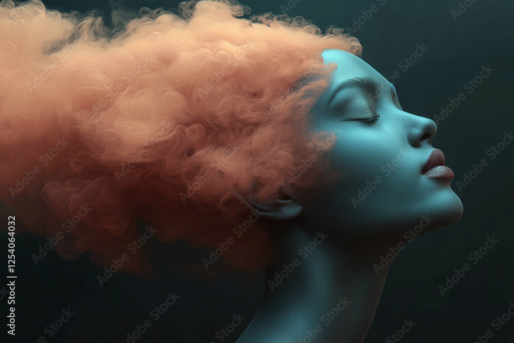 A tranquil figure with unique skin tones and vibrant, curly hair creates a harmonious blend in this abstract profile artwork A tranquil figure with unique skin tones and vibrant, curly hair creates a harmonious blend in this abstract profile artwork