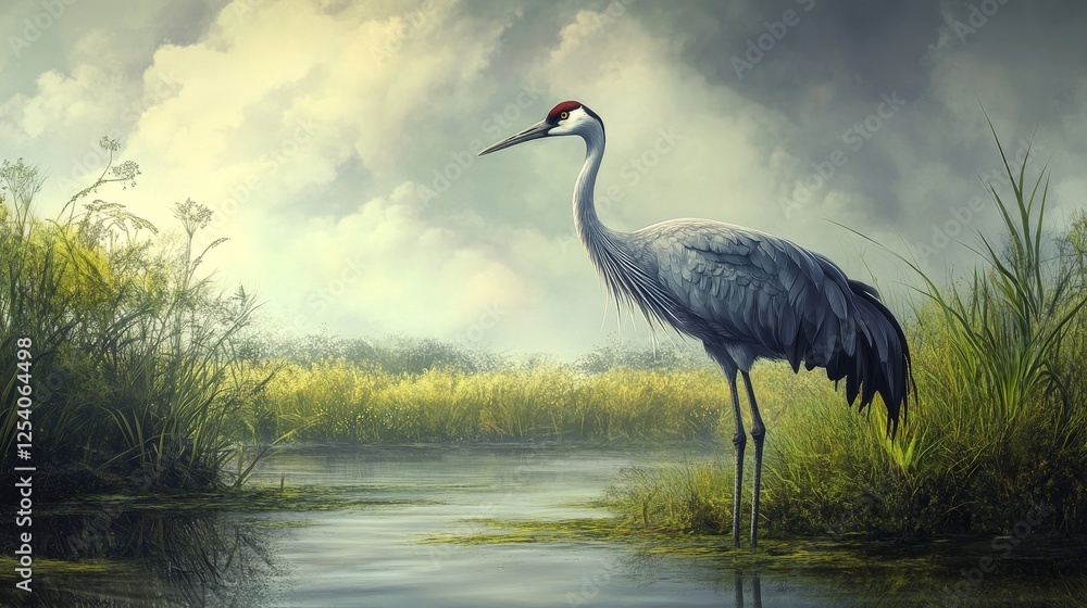 Fototapeta premium The common crane (Grus grus) is a large wading bird that inhabits wetlands and grasslands in Eurasia and Africa.