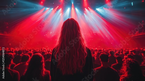 A crowd enjoys a concert with vibrant red and blue lights illuminating the stage.