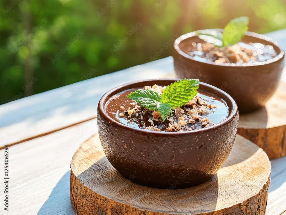 Delicious baked chocolate pudding rustic outdoor setting food photography warm sunlight close-up creamy texture highlighted Delicious baked chocolate pudding rustic outdoor setting food photography warm sunlight close-up creamy texture highlighted