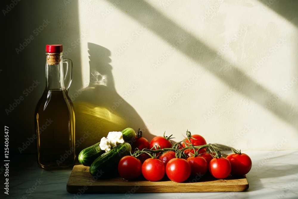 Fresh tomatoes and cucumbers with a bottle of olive oil on a wooden board, bathed in sunlight, embody rustic, healthy simplicity. Fresh tomatoes and cucumbers with a bottle of olive oil on a wooden board, bathed in sunlight, embody rustic, healthy simplicity.