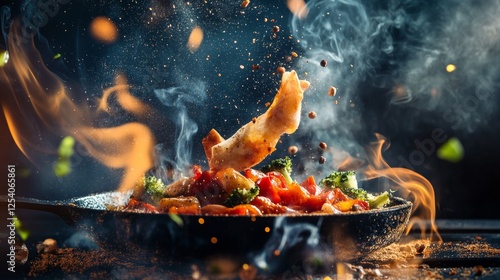 Flaming stir-fry with chef tossing vegetables photo