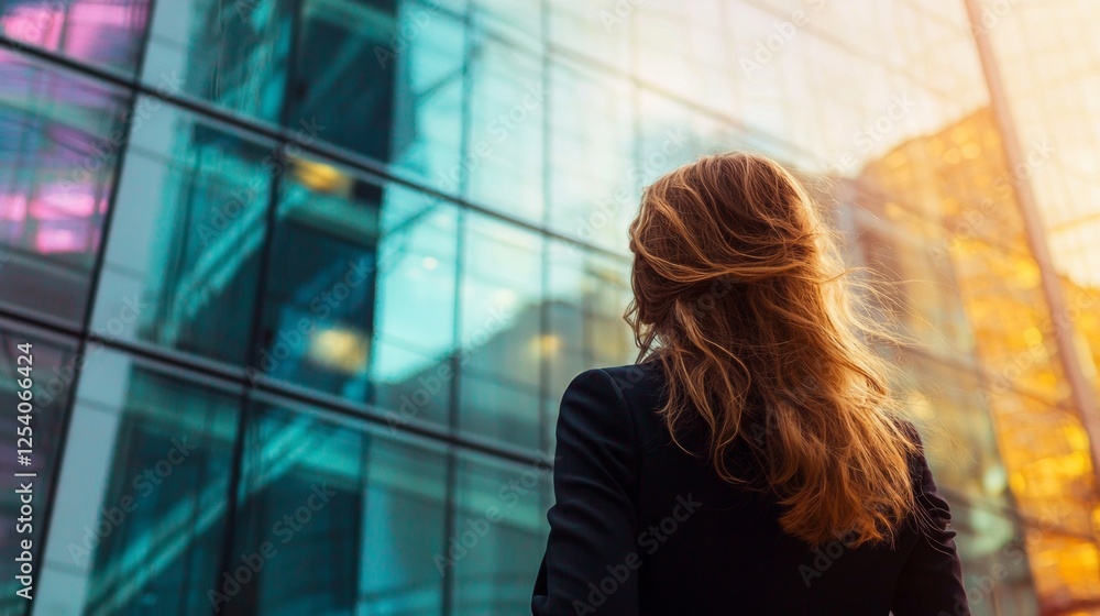 Fototapeta premium Woman with long hair gazes at modern glass building during sunset in an urban environment
