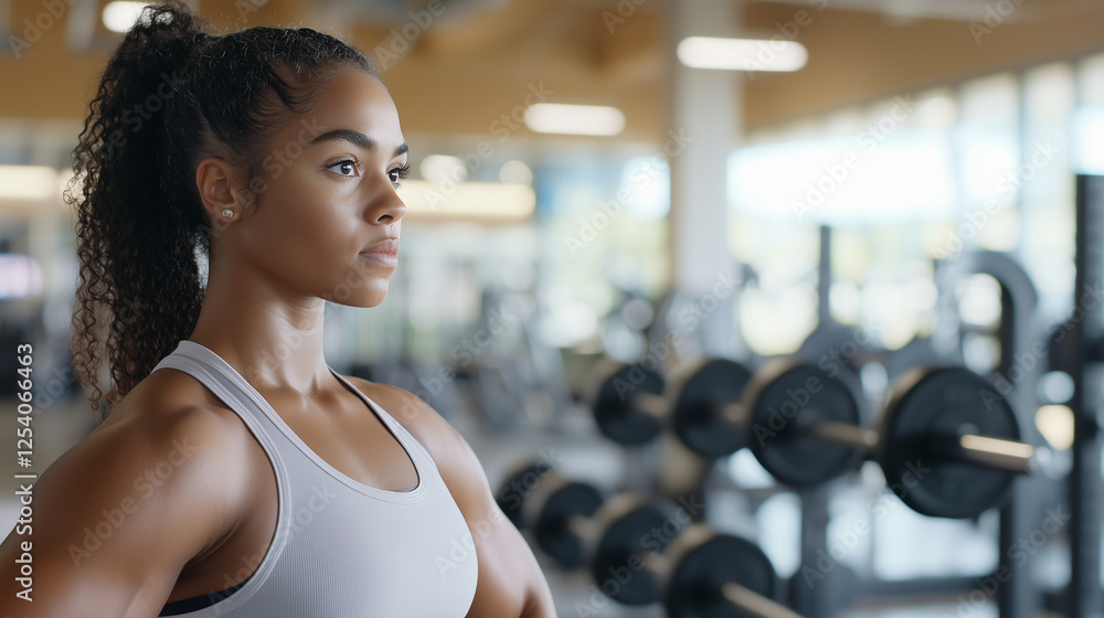 Fototapeta premium Focused Woman in Gym After Weightlifting Exercise