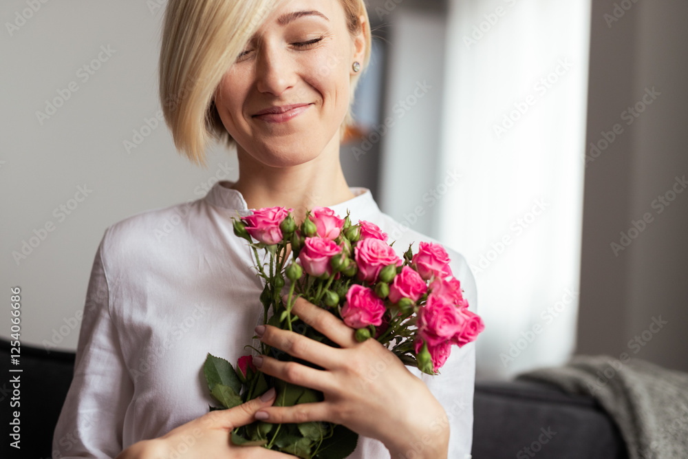 A joyful blonde woman holds a bouquet of pink flowers and smiles warmly indoors, evoking feelings of happiness, gratitude, and appreciation. A joyful blonde woman holds a bouquet of pink flowers and smiles warmly indoors, evoking feelings of happiness, gratitude, and appreciation.