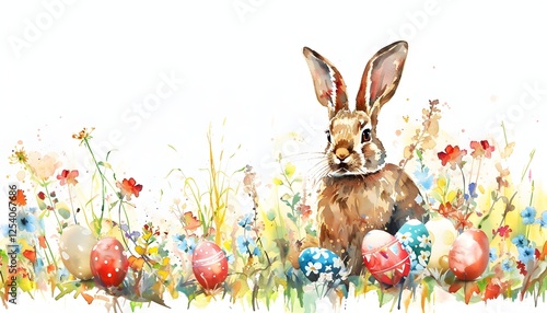 Ein Osterhase mit Ostereiern und Frühlingsblumen aus Aquarell