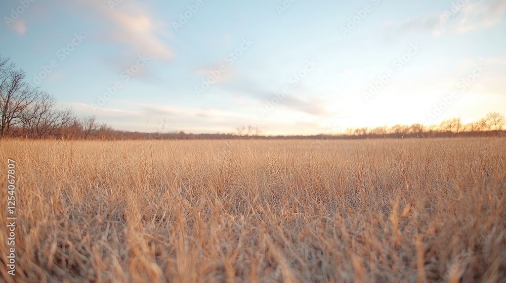 Obraz premium Golden Prairie Sunset Serene landscape, tall grass, peaceful sunset sky, nature background, ideal for travel brochures