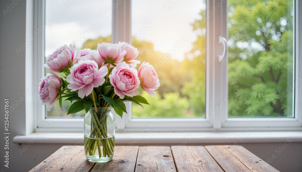 Elegant peony flower bouquet on rustic table by window, serenity Elegant peony flower bouquet on rustic table by window, serenity