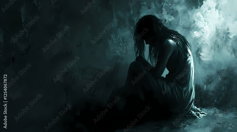 Solitude embraced in darkness, shadows whispering secrets of sorrow, a soul lost in the quiet. Whispering Shadows. Illustration Solitude embraced in darkness, shadows whispering secrets of sorrow, a soul lost in the quiet. Whispering Shadows. Illustration