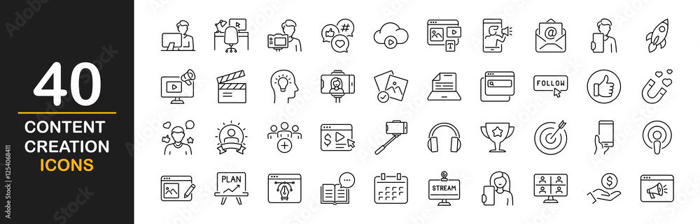 Content creation icon set. Containing symbols writing, ebook, video player, creator, copywriting and more. Media content with focus on writing, blogging, photography, learning and marketing Content creation icon set. Containing symbols writing, ebook, video player, creator, copywriting and more. Media content with focus on writing, blogging, photography, learning and marketing