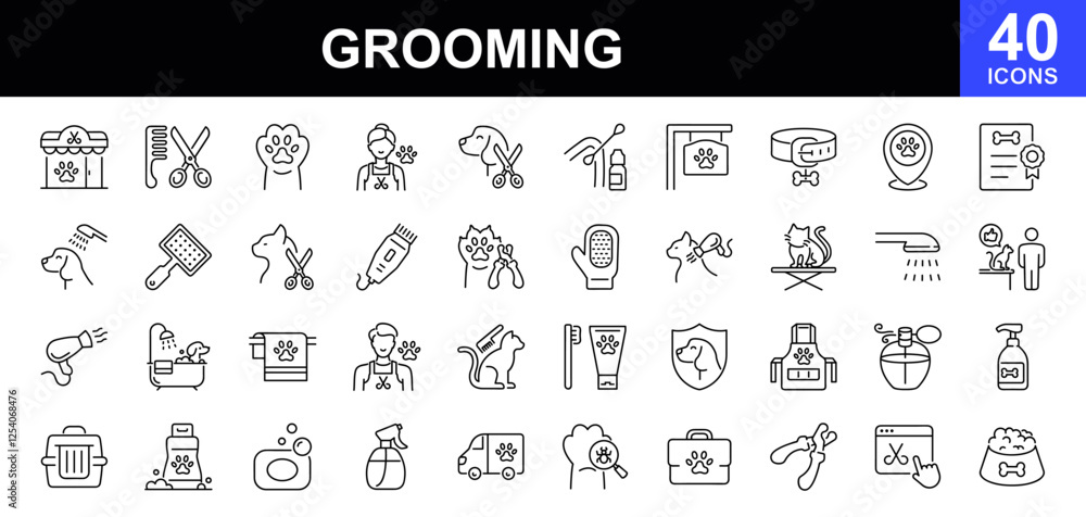 Grooming icon set. Simple set of pet grooming related vector line icons. Contains such Icons as pet-grooming, washing, teeth brushing, nail trimming, taking care of dogs and cats and more Grooming icon set. Simple set of pet grooming related vector line icons. Contains such Icons as pet-grooming, washing, teeth brushing, nail trimming, taking care of dogs and cats and more