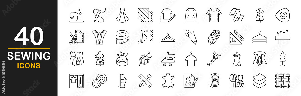 Sewing icon set. Sewing equipment and needlework. Containing tailor, needlework, dress, stitching, fabric, sewing machine, clothes, measuring tape, wool and more. Vector illustration Sewing icon set. Sewing equipment and needlework. Containing tailor, needlework, dress, stitching, fabric, sewing machine, clothes, measuring tape, wool and more. Vector illustration