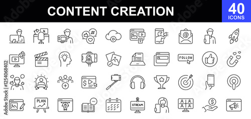 Content creation icon set. Containing symbols writing, ebook, video player, creator, copywriting and more. Media content with focus on writing, blogging, photography, learning and marketing