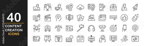 Content creation icon set. Containing symbols writing, ebook, video player, creator, copywriting and more. Media content with focus on writing, blogging, photography, learning and marketing