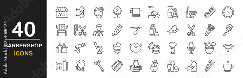 Barbershop icon set. Set includes icons as brush, comb, hairbrush, razor, beard, scissors, shaving, grooming, hairdryer, logo illustration and more. Vector illustration