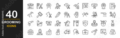 Grooming icon set. Simple set of pet grooming related vector line icons. Contains such Icons as pet-grooming, washing, teeth brushing, nail trimming, taking care of dogs and cats and more