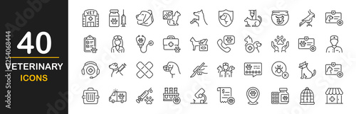 Veterinary icon set. Contains such icons as pets, medical history, health care, vet, vaccines, test, dental care, antiparasitic, diagnosis, x ray, veterinary clinic and more. Vector illustration