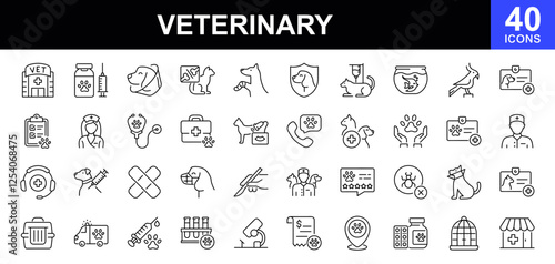 Veterinary icon set. Contains such icons as pets, medical history, health care, vet, vaccines, test, dental care, antiparasitic, diagnosis, x ray, veterinary clinic and more. Vector illustration