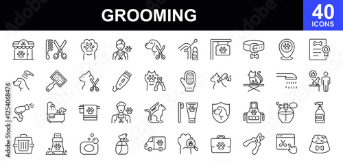 Grooming icon set. Simple set of pet grooming related vector line icons. Contains such Icons as pet-grooming, washing, teeth brushing, nail trimming, taking care of dogs and cats and more