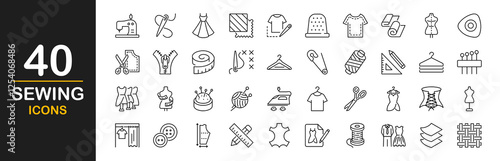 Sewing icon set. Sewing equipment and needlework. Containing  tailor, needlework, dress, stitching, fabric, sewing machine, clothes, measuring tape, wool and more. Vector illustration