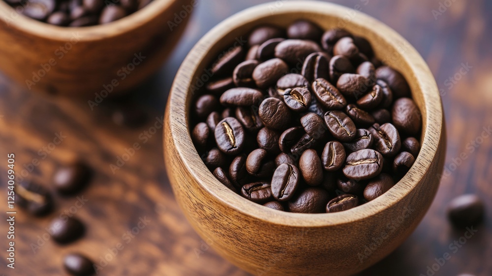 Fototapeta premium Close-up of roasted coffee beans in wooden bowls