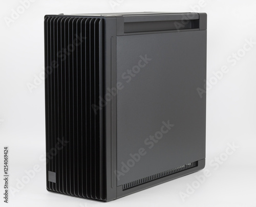 Side view of empty  big tower, PC case, chassis, 15.5 mm front panel grille with 45% porosity for maximum air intake. Studio shoot on white background.
