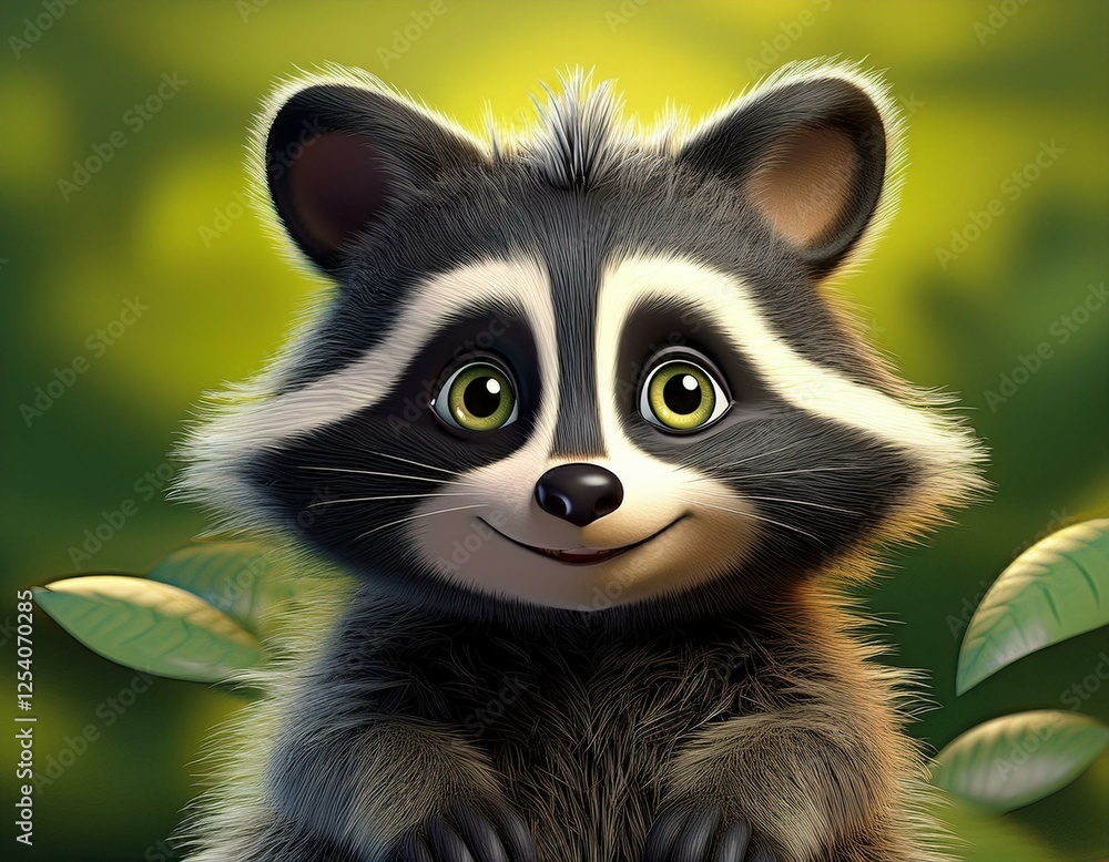 Niedlicher Waschbär, grüner Hintergrund Niedlicher Waschbär, grüner Hintergrund
