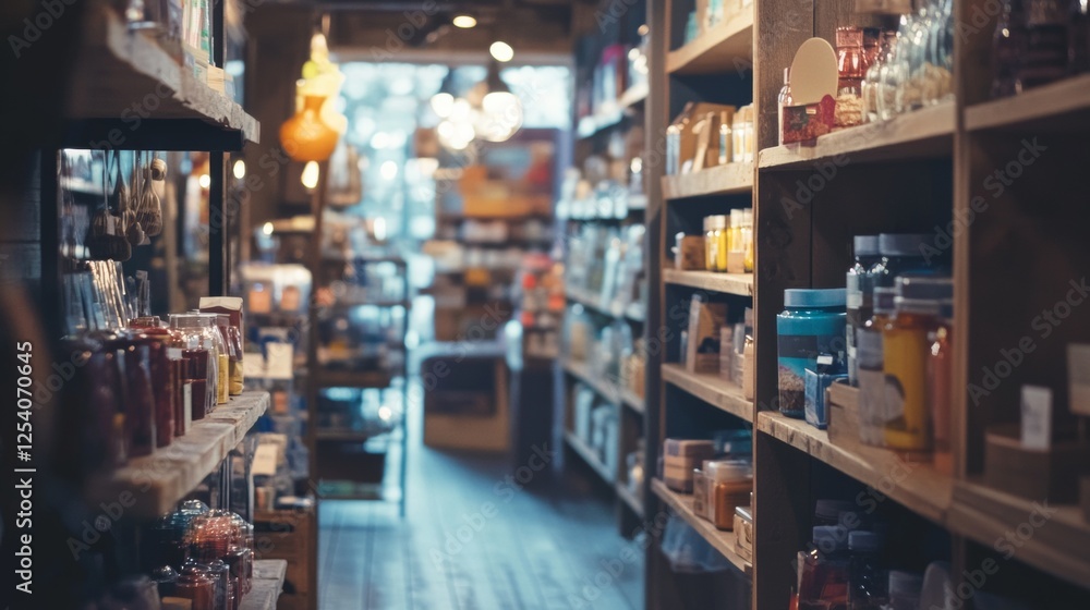 Fototapeta premium Blurred grocery store aisle with warm lighting