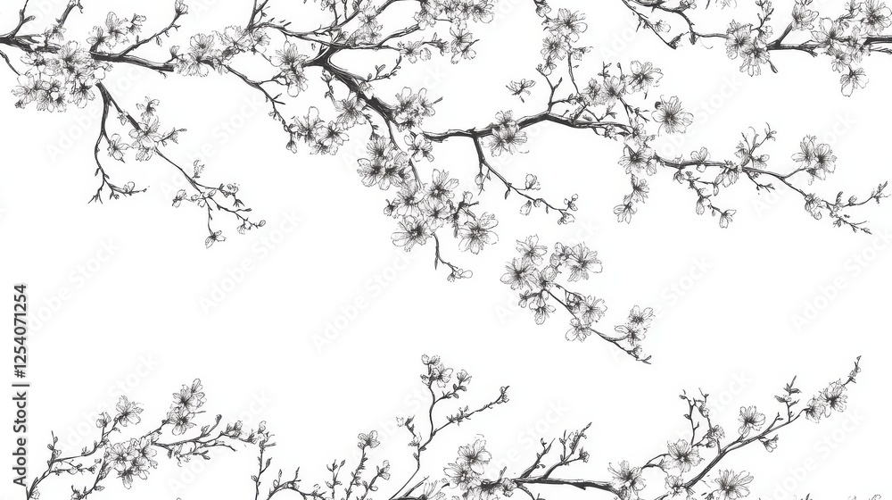 Obraz premium Delicate monochrome cherry blossom branches on white background detailed drawing