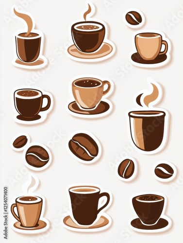 style stickers featuring various coffee cups and coffee beans in a warm, inviting design for enthusiasts and decorators. Generative AI photo