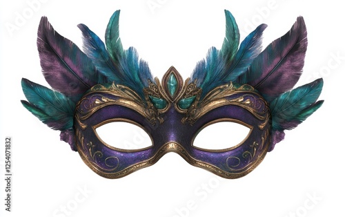 Ornate feathered masquerade mask, isolated, vibrant, design, event photo