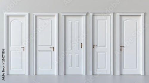 Wallpaper Mural White wooden doors for various spaces, including front entrances, interiors, and commercial settings. These realistic 3D doors feature handles and frames, depicted in open, closed, and ajar positions. Torontodigital.ca
