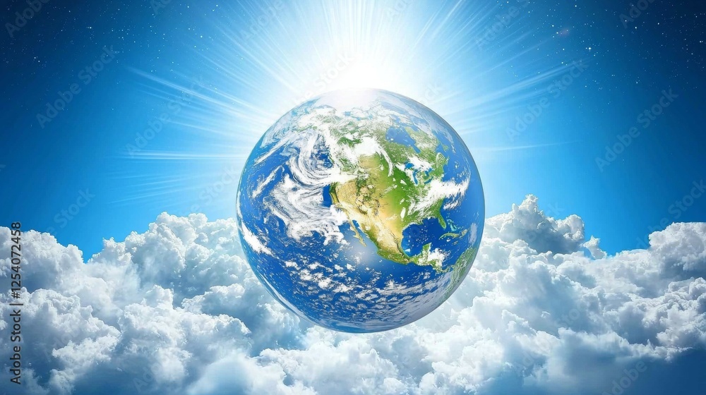 Naklejka premium Bright sunlight illuminating Earth against a backdrop of clouds in a vibrant sky