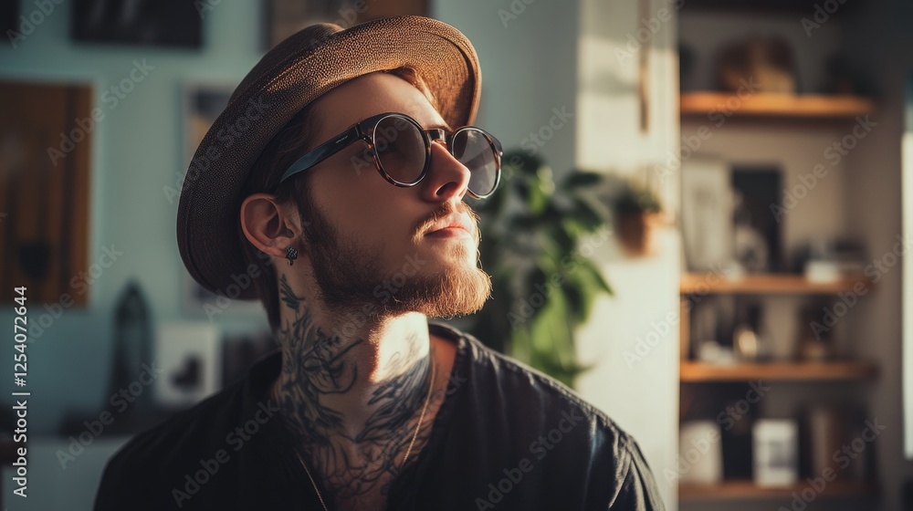 Fototapeta premium Trendy man wearing sunglasses in a coffee shop