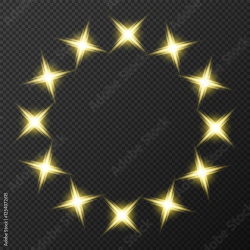 Vector illustration of a round star frame with flashes of light on a transparent background. Suitable for holiday decorations, holiday themes, event invitations or decorative projects.