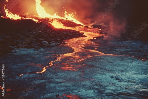 Molten lava streams across rocky terrain, illuminating the dark surroundings with fiery intensity. photo