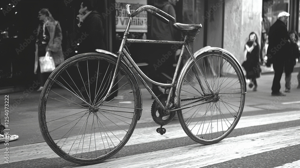 Old bicycle parked on city street with people walking by during daytime in a bustling urban area Old bicycle parked on city street with people walking by during daytime in a bustling urban area