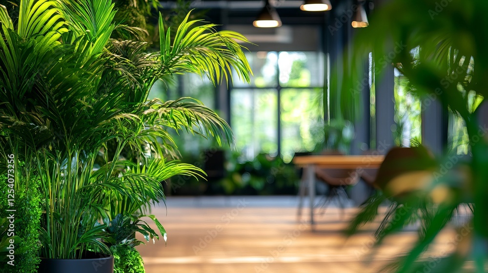 Fototapeta premium Lush Green Tropical Plants Office Interior Design Modern Workspace Vibrant Foliage Natural Greenery Indoor Plants Potted Plants Stylish Office Decor 