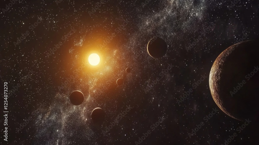 Obraz premium Solar system model illustrating the sun and its orbiting planets in deep space